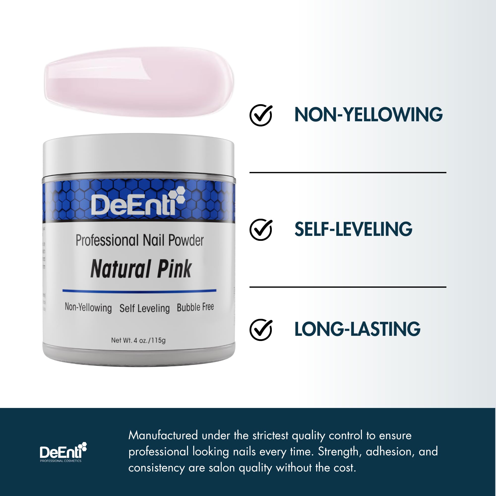 Natural pink DeEnti formula delivers bubble-free, clear finish on nails.