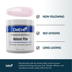 Natural pink DeEnti formula delivers bubble-free, clear finish on nails.