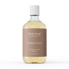 Deep Steep Bubble Bath: botella visible, beneficios de hidratación suave tras un baño