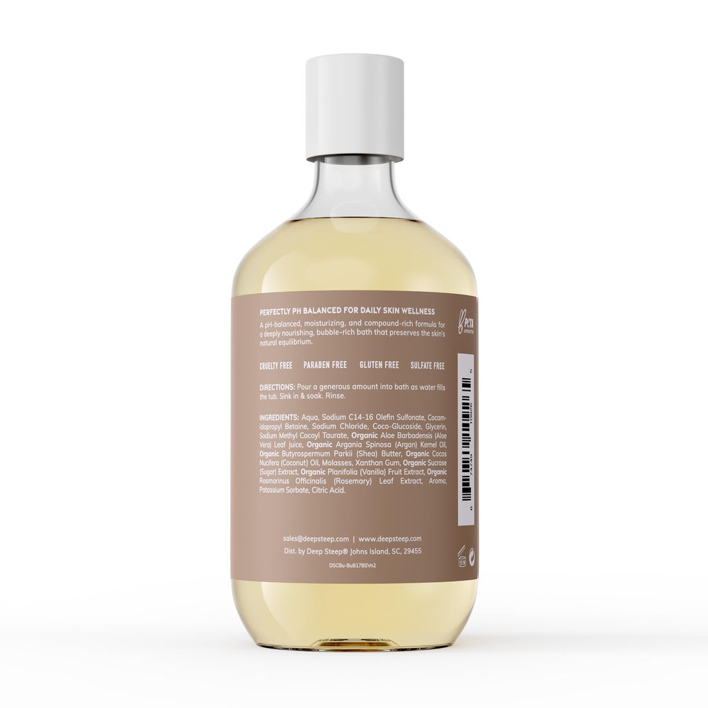Deep Steep Bubble Bath: etiqueta legible, aroma dulce que invita a relajarte