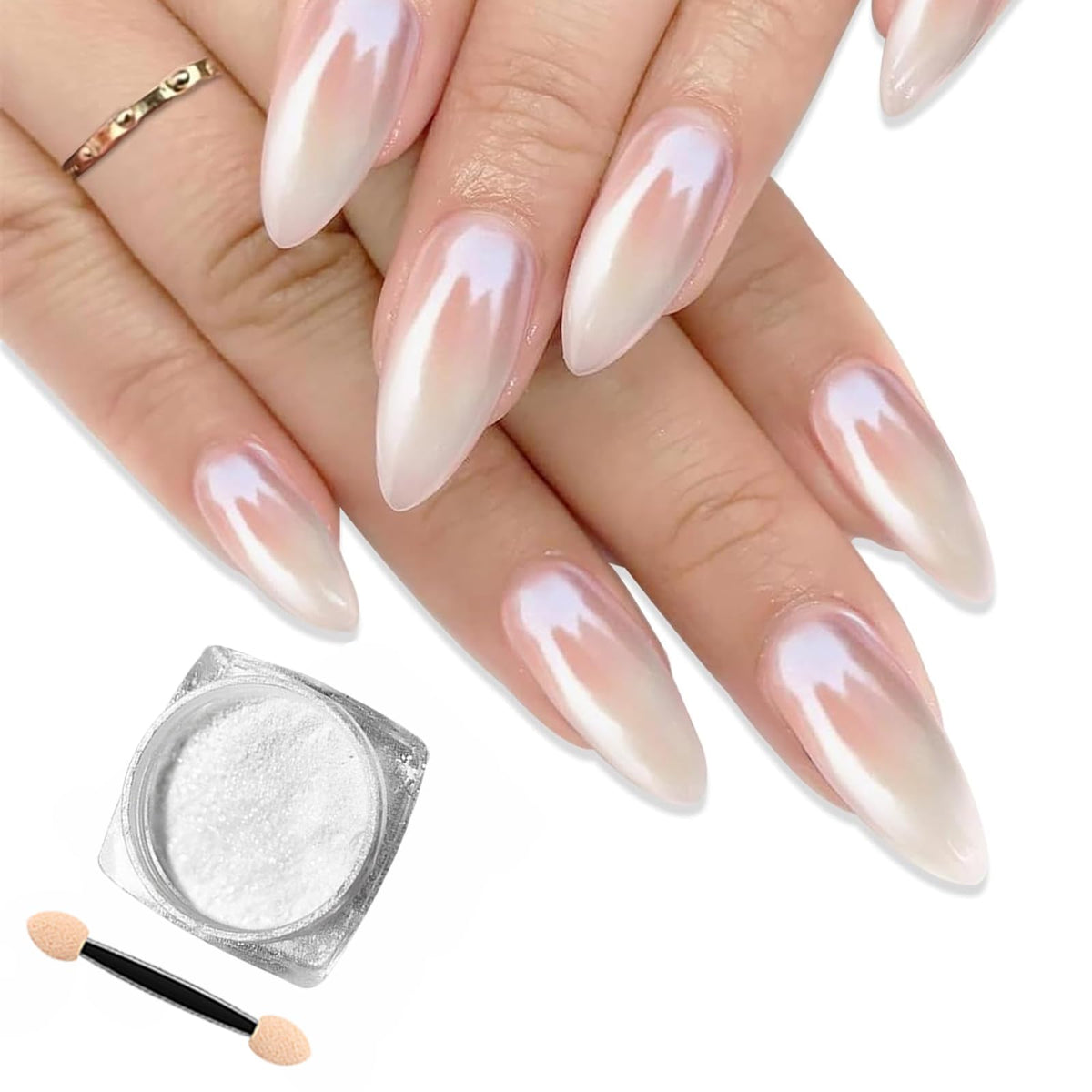 Deepmind White Pearl Chrome, frente, brillo perlado para uñas elegantes.