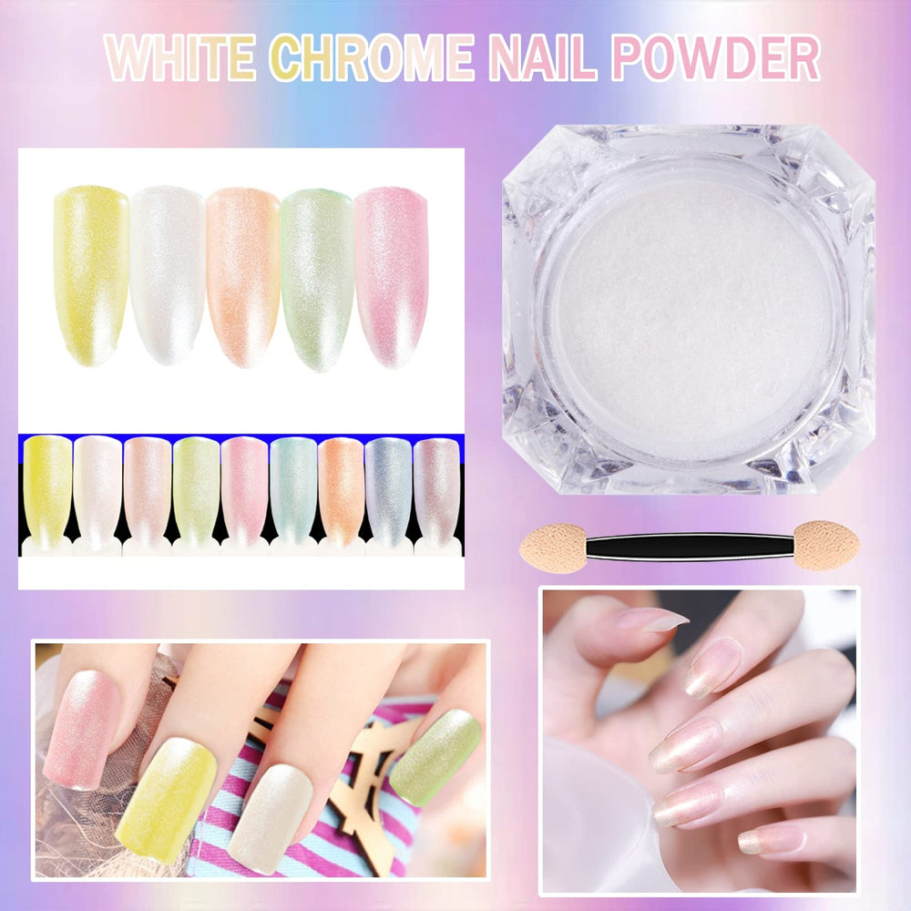 Deepmind White Pearl Chrome, escena de manicura, acabado iridiscente.