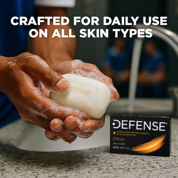 Defense Soap Citrus Bar aroma cítrico con árbol de té revitaliza tras entrenamiento.
