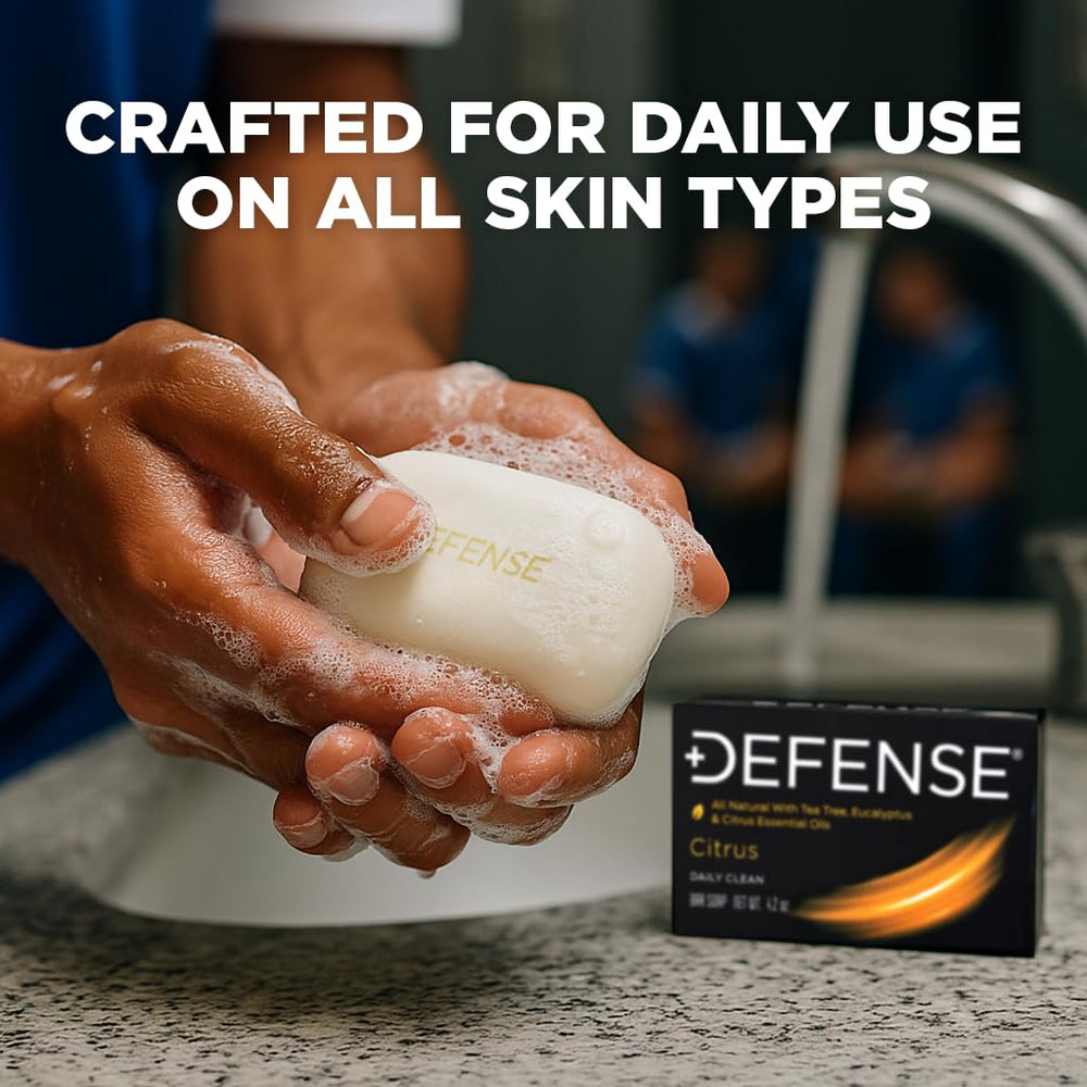 Defense Soap Citrus Bar aroma cítrico con árbol de té revitaliza tras entrenamiento.
