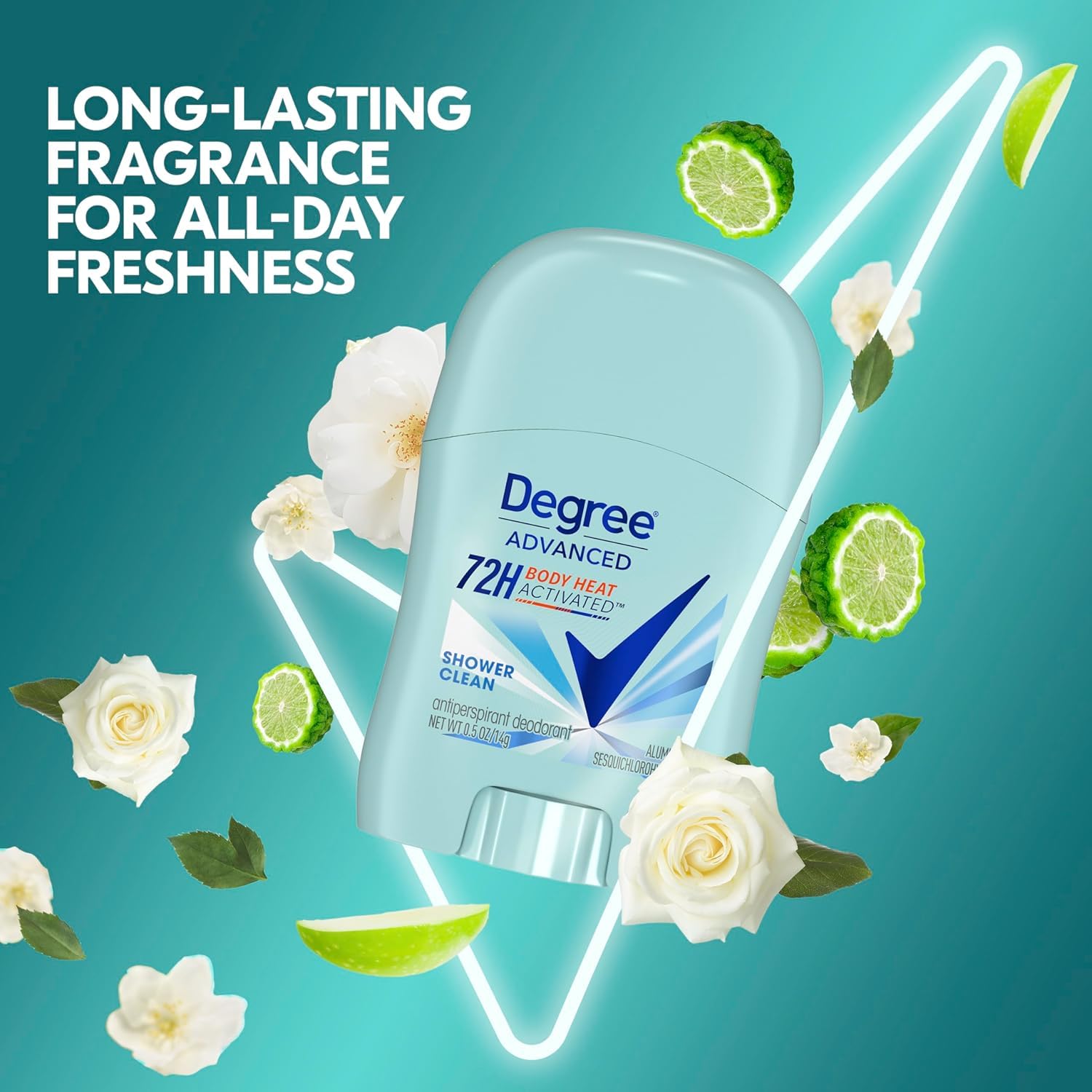 Degree Shower Clean bottle in hand demonstrates quick freshness and easy use