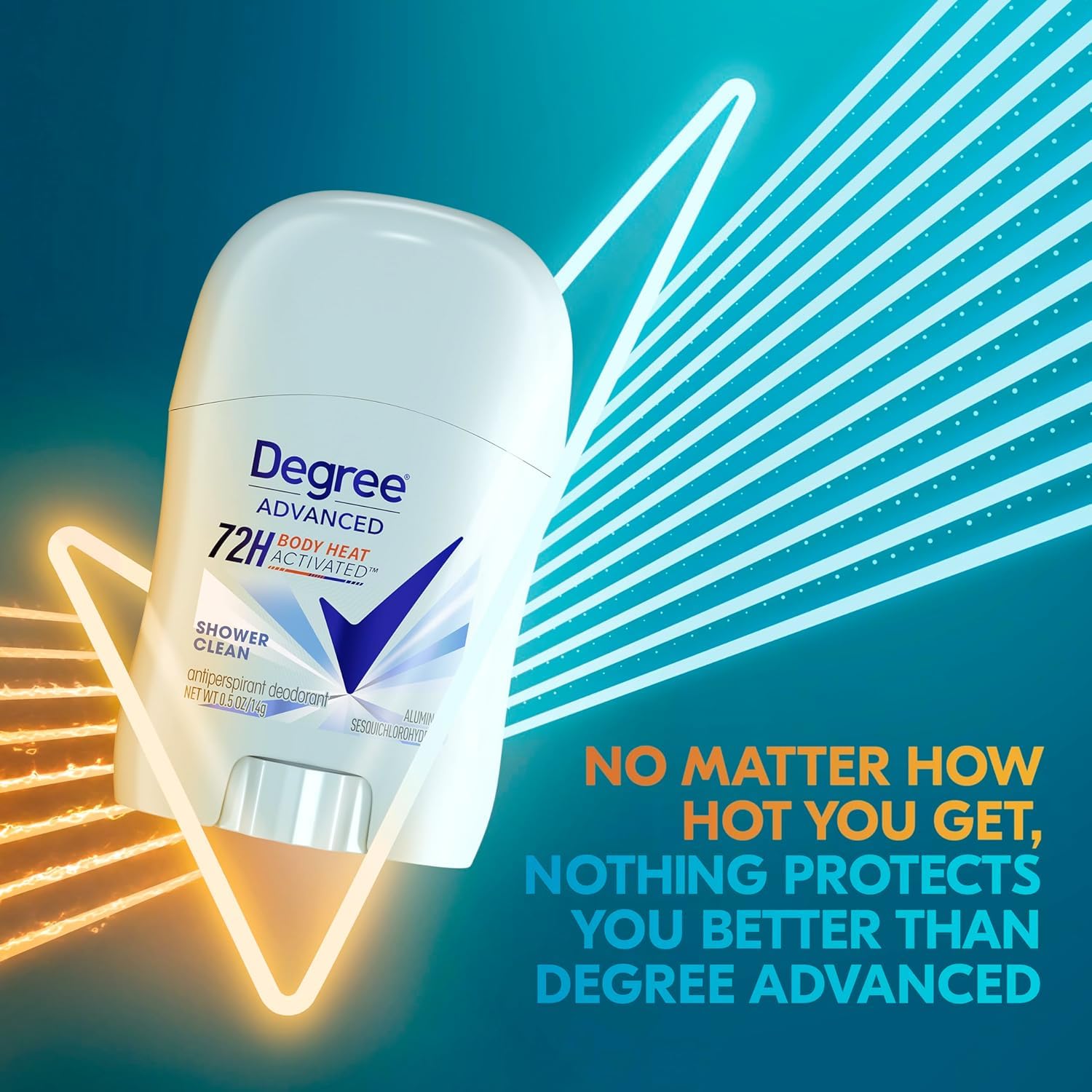 Degree Shower Clean six-pack on shelf conveys value and reliable protection