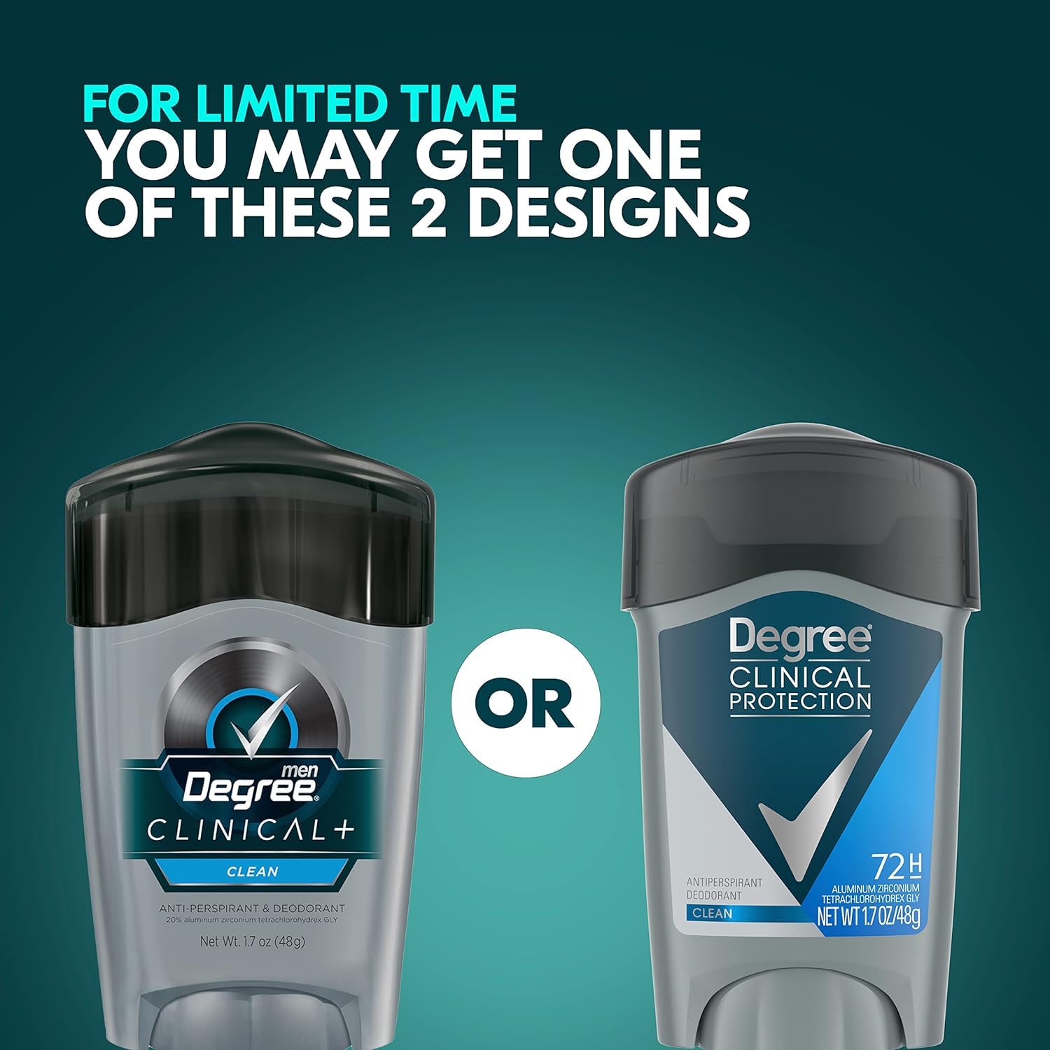 Fondo blanco con Degree Men Clean Clinical, primer plano del producto.