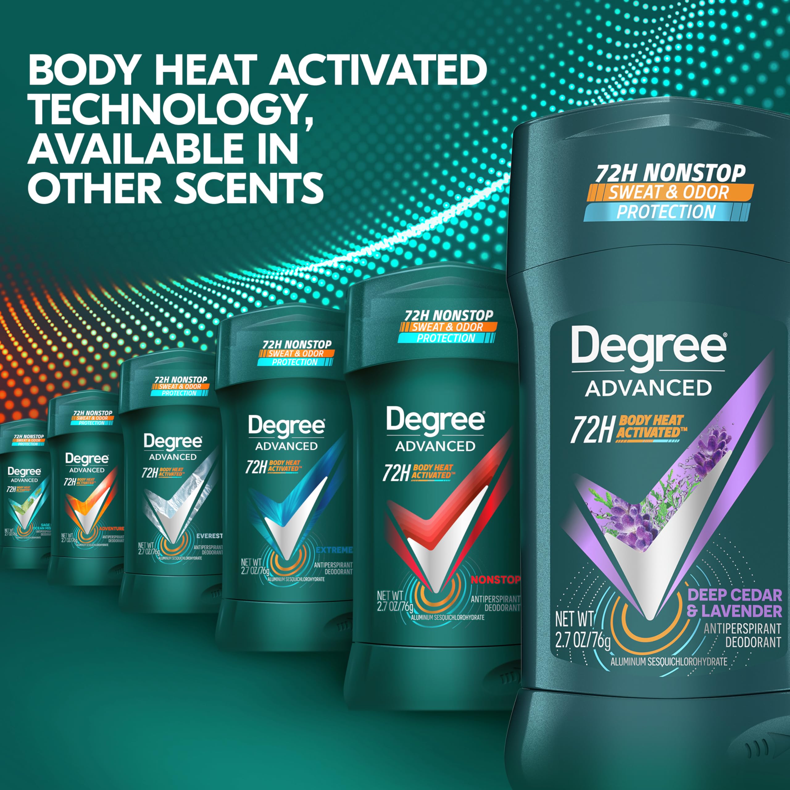 Degree Men Deep Cedar Lavender body heat activation concept on the label