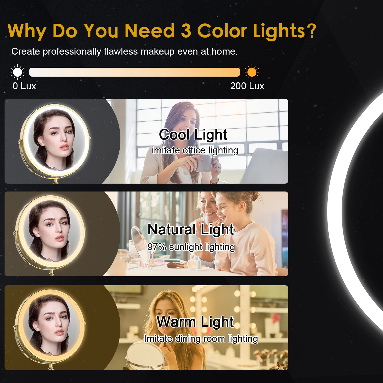 DEIOVWXS Espejo con iluminación de tres colores para cualquier estación de maquillaje.