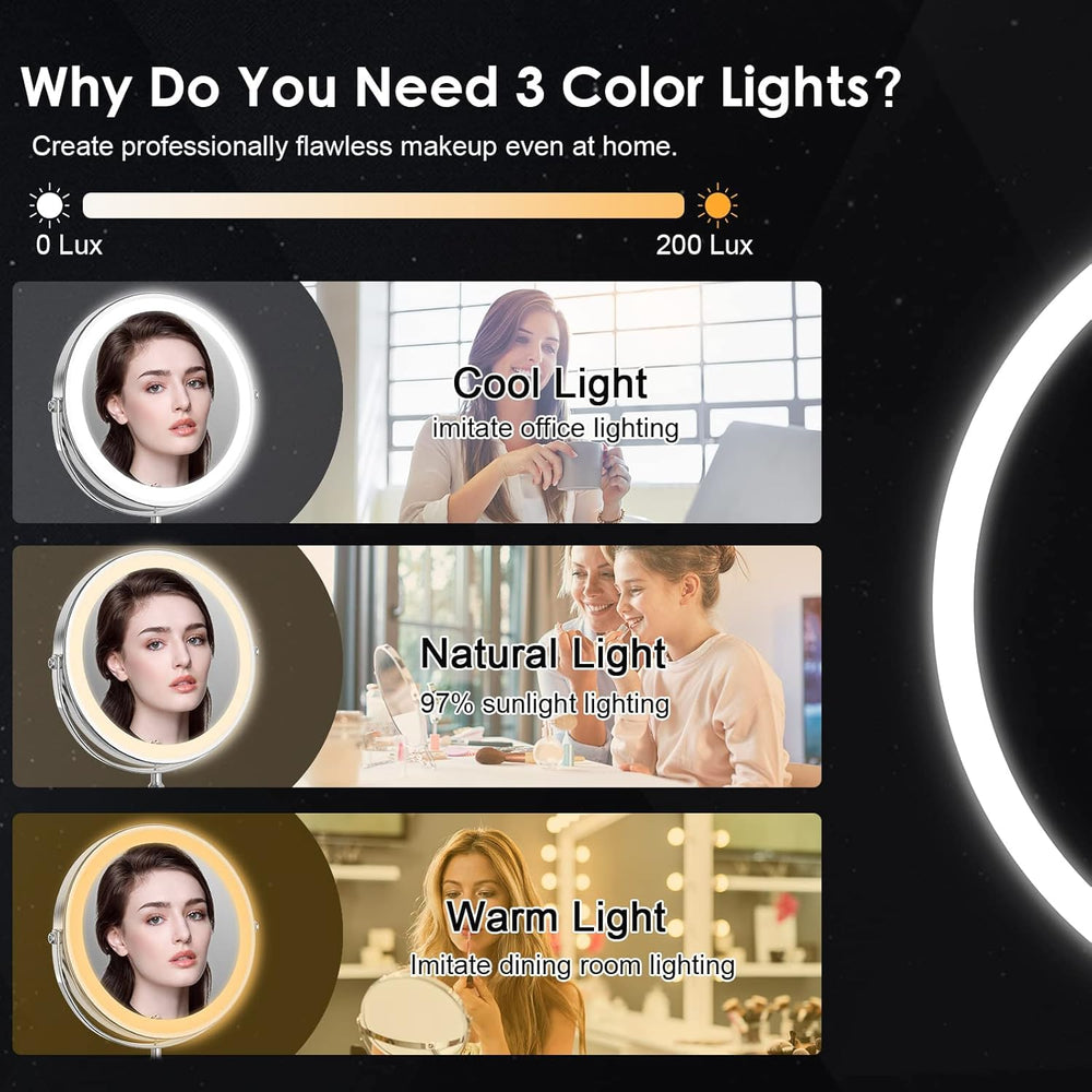 DEIOVWXS Espejo maquillaje iluminado 1x/10x, enfoque detallado para cejas y ojos.