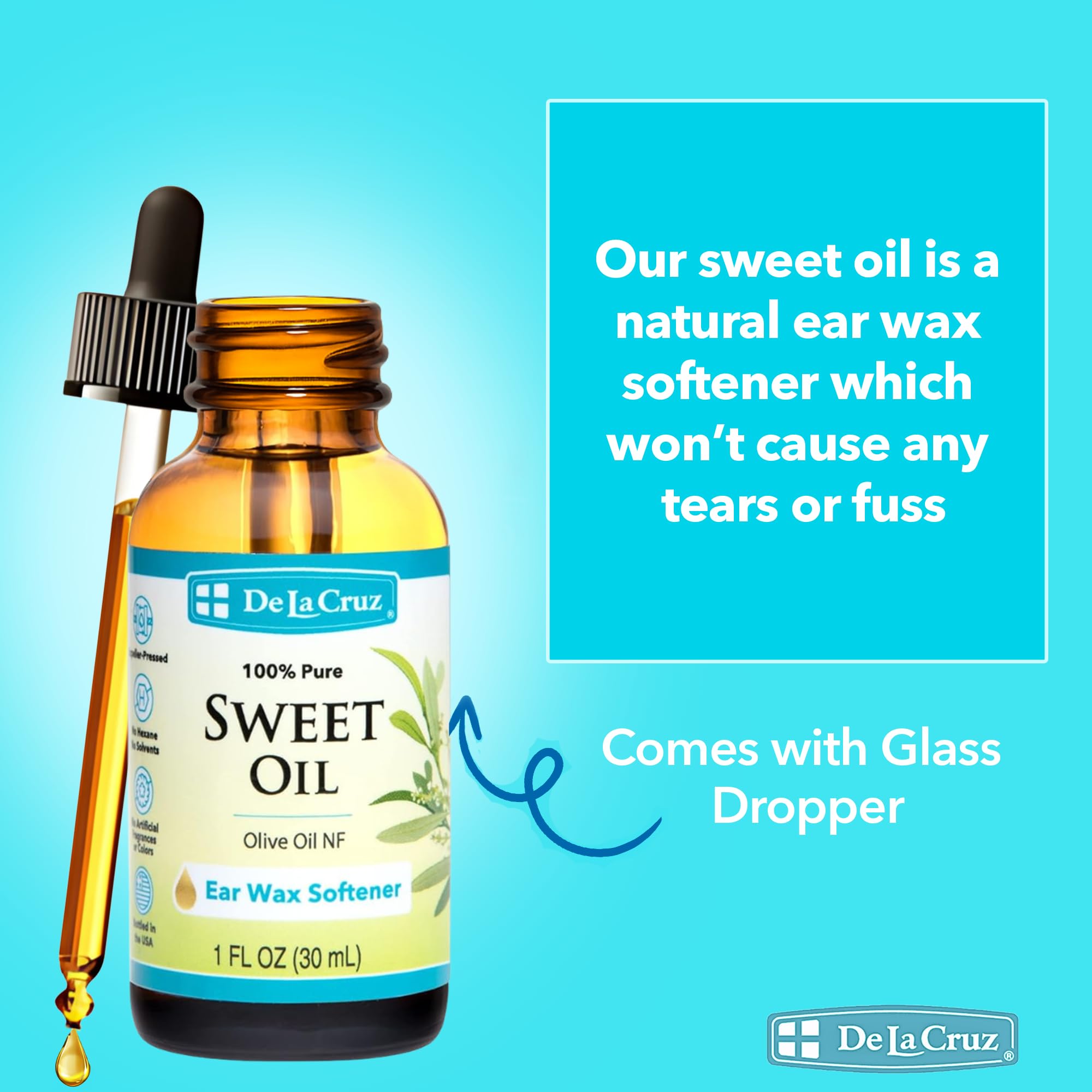 Aceite dulce De La Cruz para orejas con cuentagotas, uso diario suave.