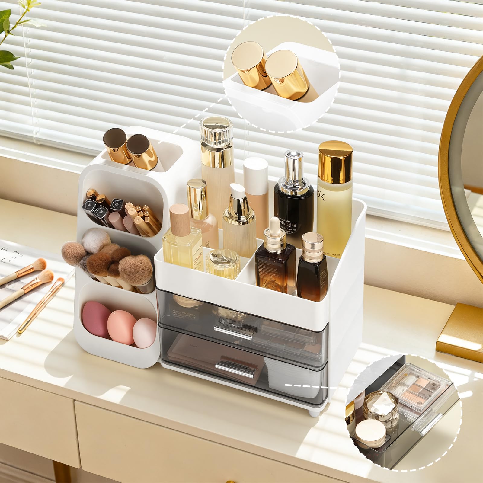Delamu organizador maquillaje, acabado blanco moderno complementa cualquier tocador.