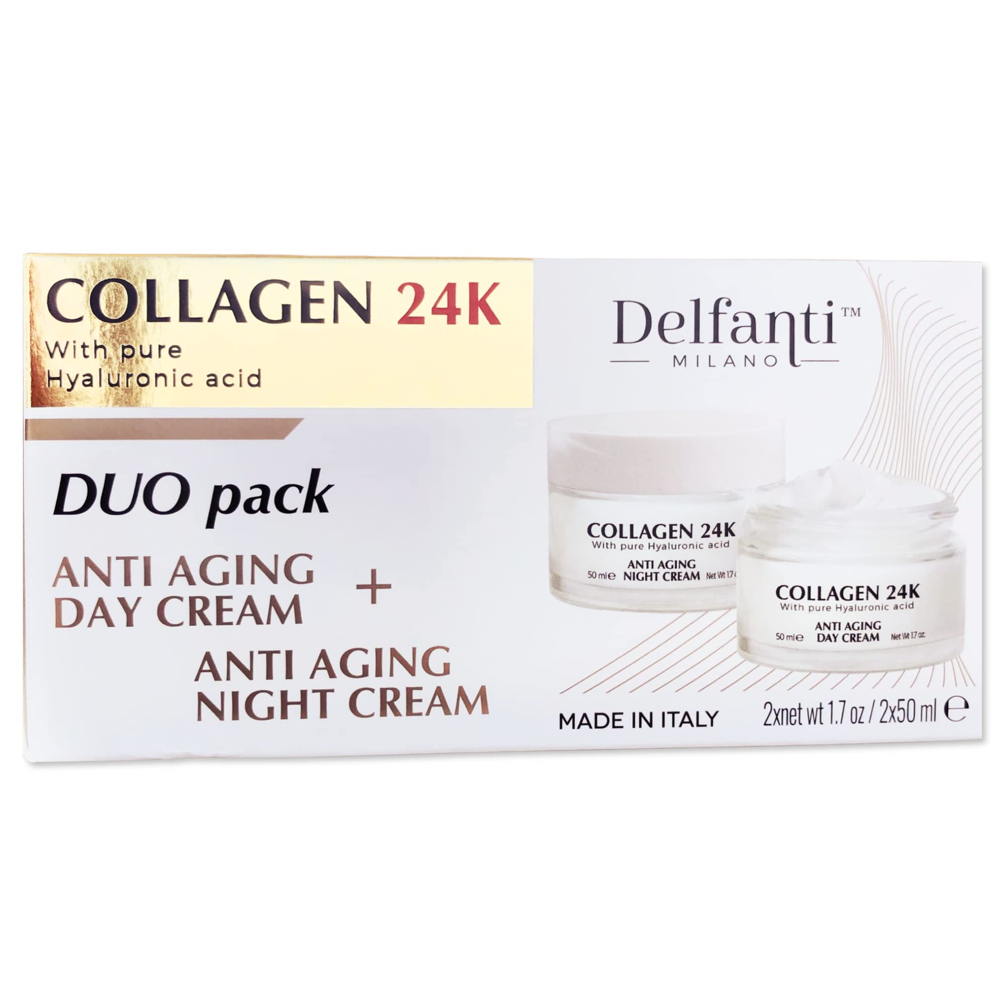 Delfanti-Milano Collagen 24K crema día frasco: hidratación suave y luminosidad diaria.
