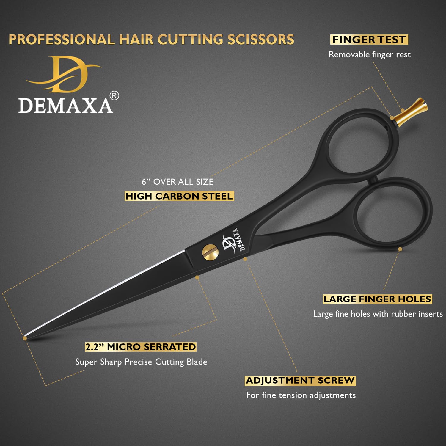 DEMAXA Tijeras peluquería ergonómicas con mango cómodo para uso prolongado.