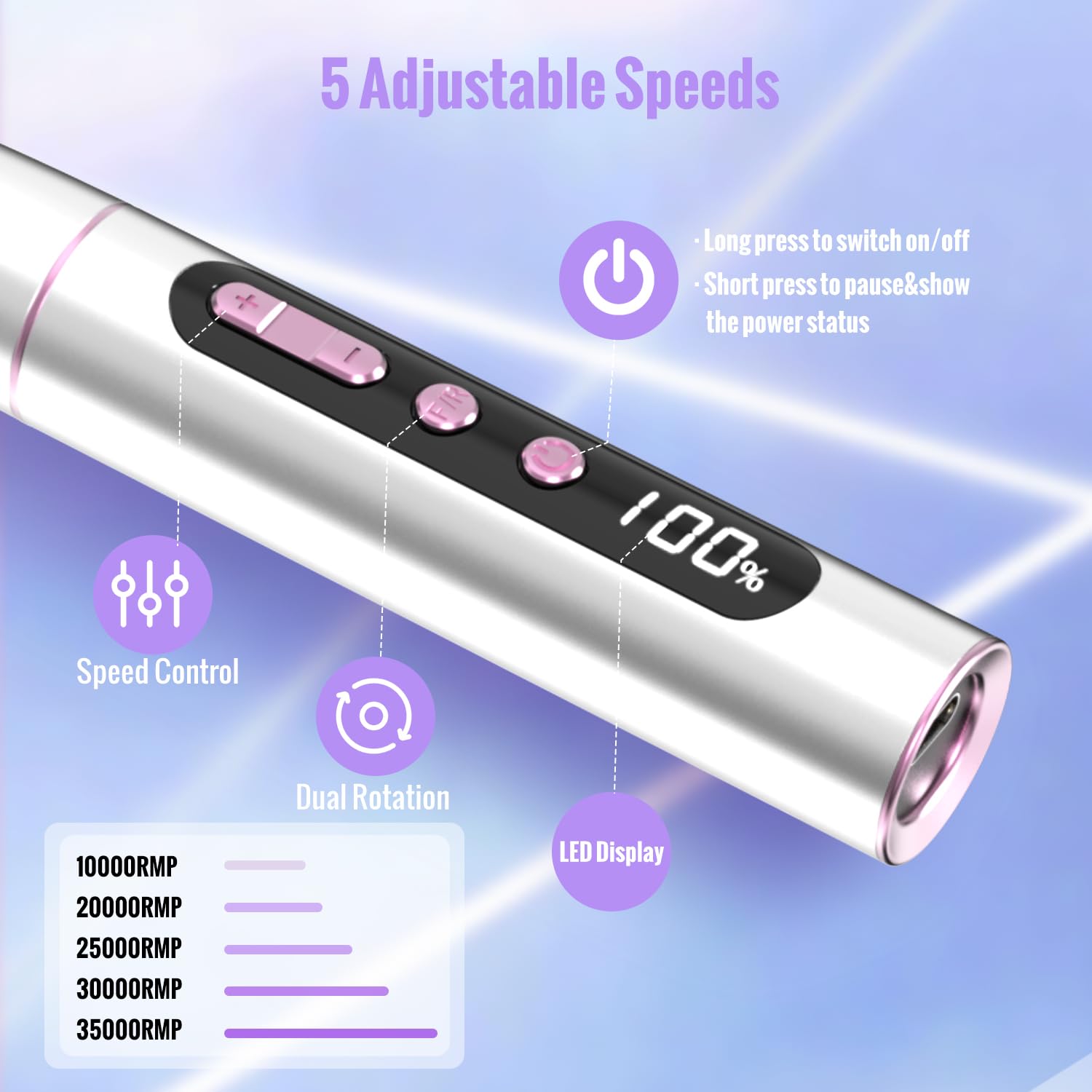 Velocidades ajustables Denabuty hasta 35000 rpm para diferentes trabajos.