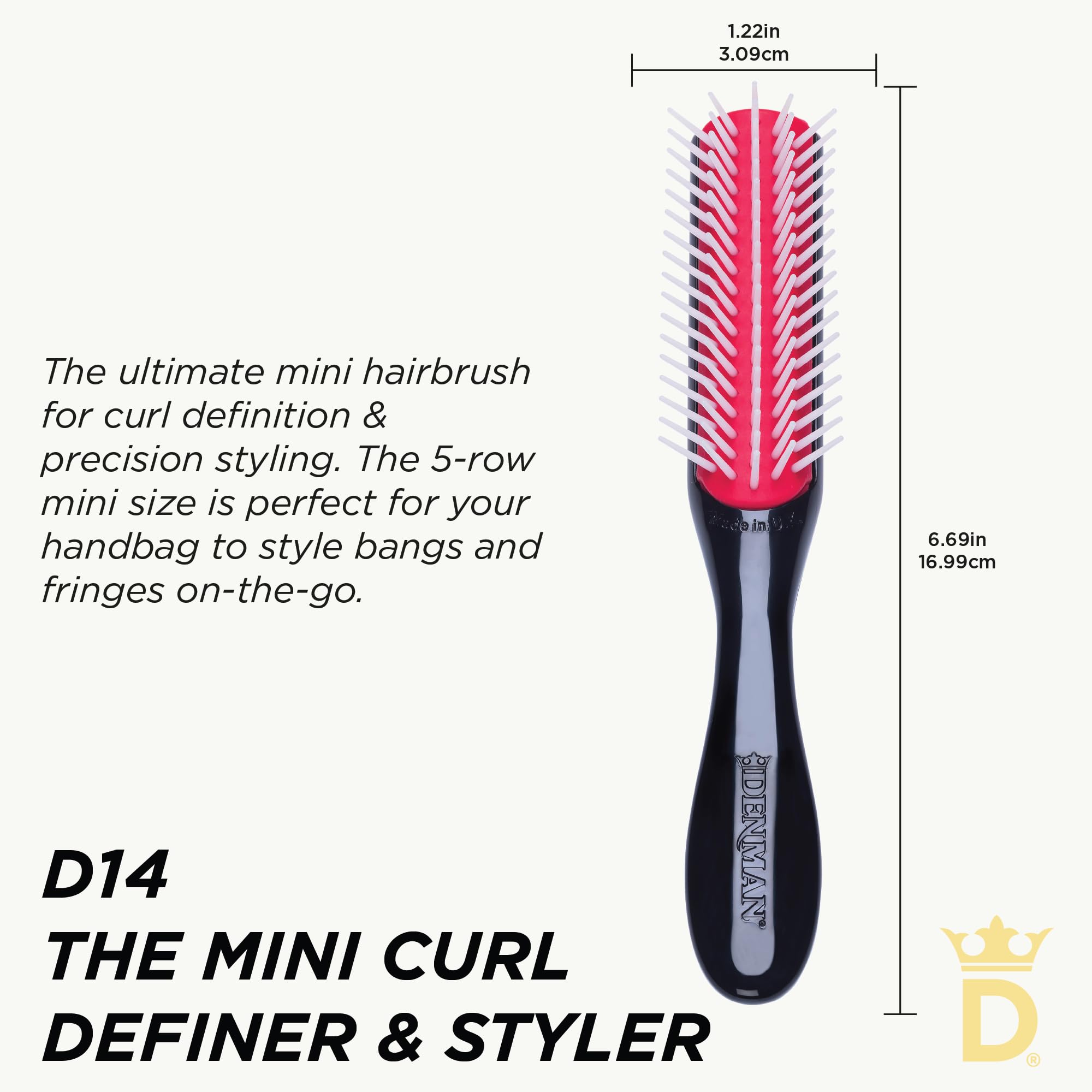 Denman Curly Hair Brush D14 negro con cinco filas para mejor agarre.