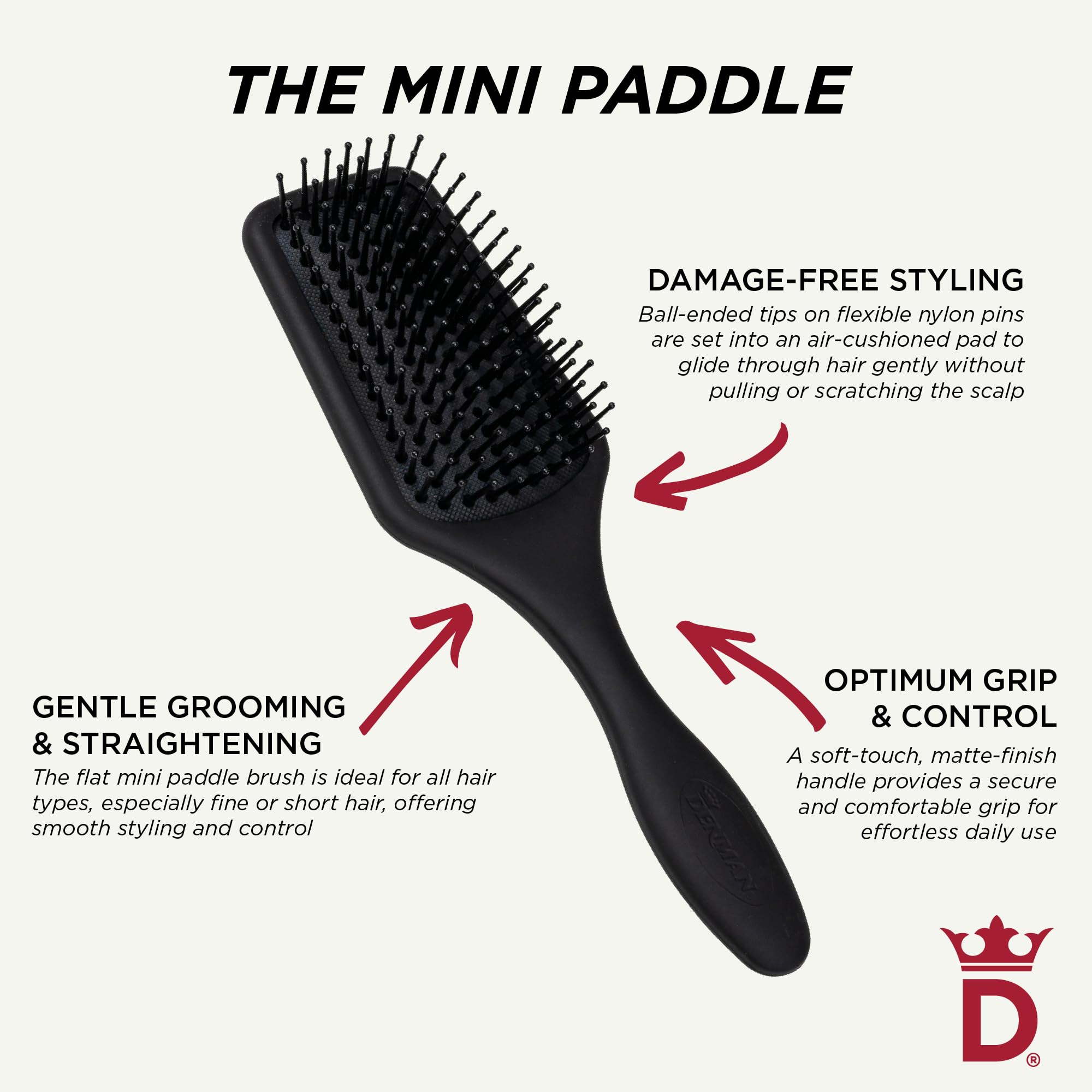 Denman mini cepillo pala acolchado usos múltiples para peinado y acabado suave.