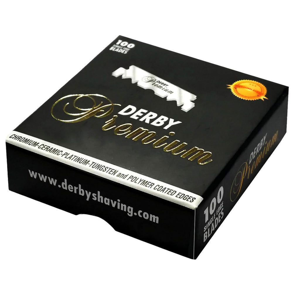 Hojas Derby Premium para navaja recta con empaque individual para afeitado limpio.