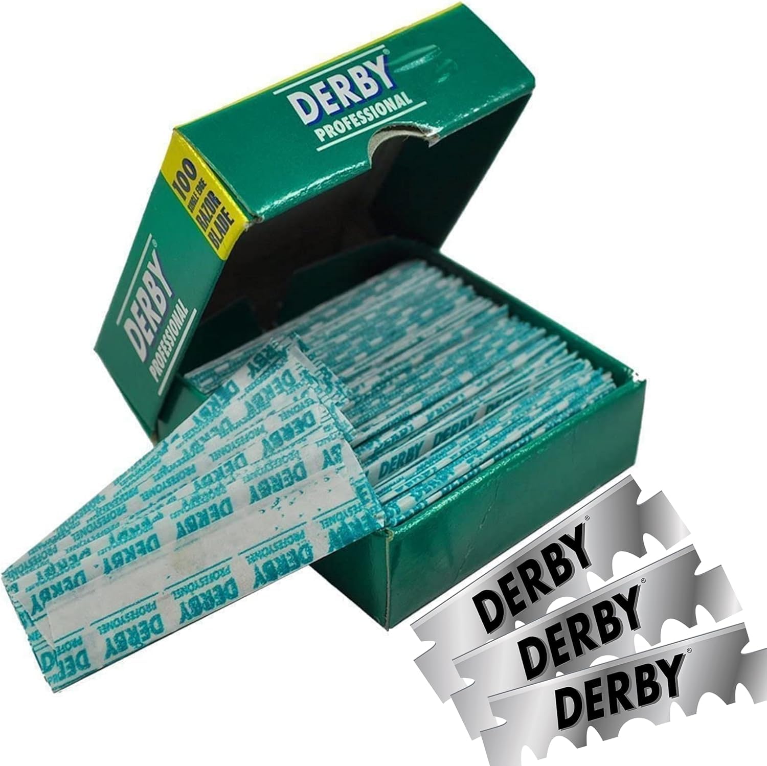 Derby Professional 100 cuchillas en empaque compacto para uso diario.