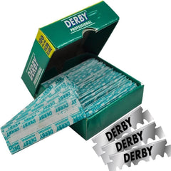 Derby Professional 100 cuchillas en empaque compacto para uso diario.