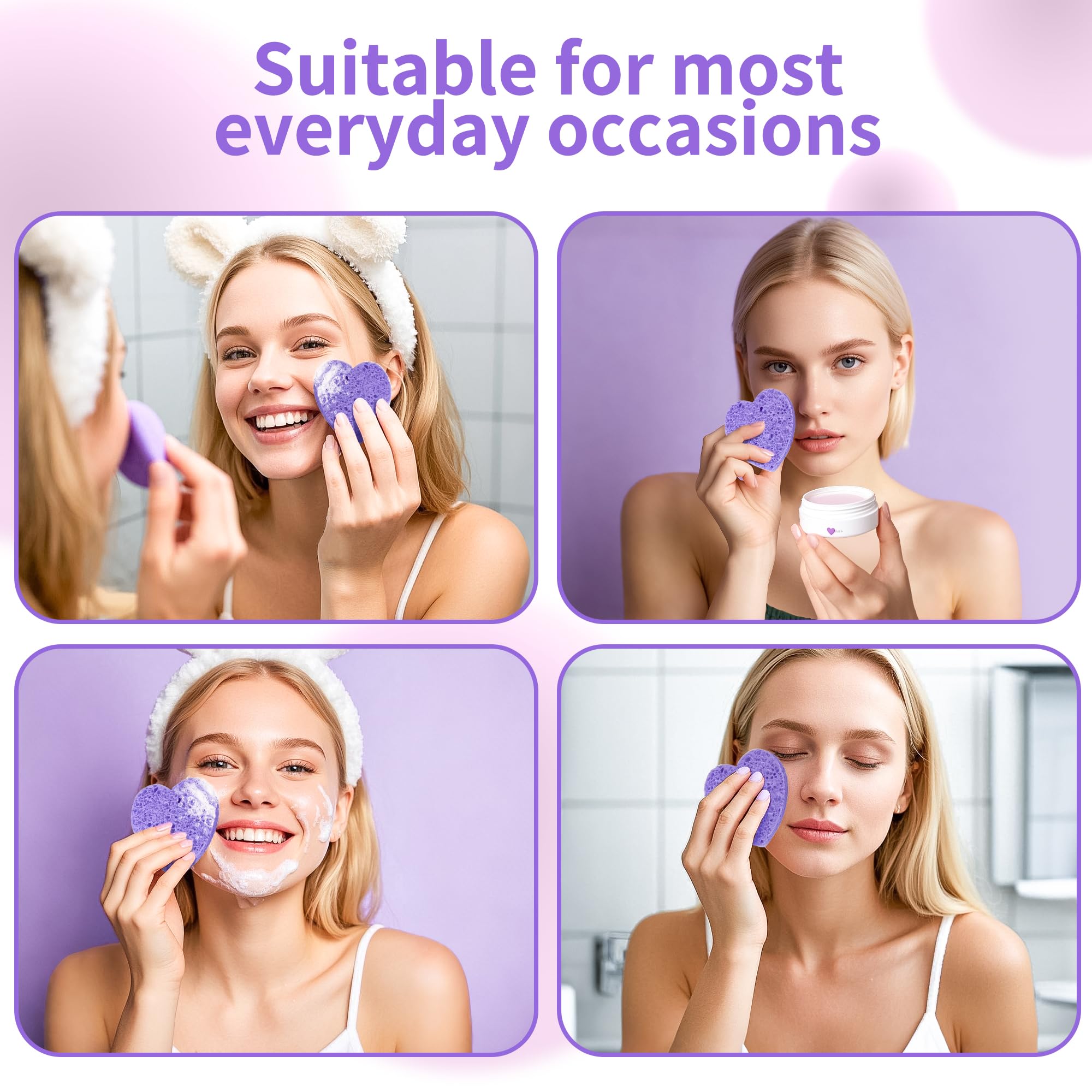 Derloyo esponjas faciales corazón morado, tamaño 2,9 pulgadas para uso cómodo