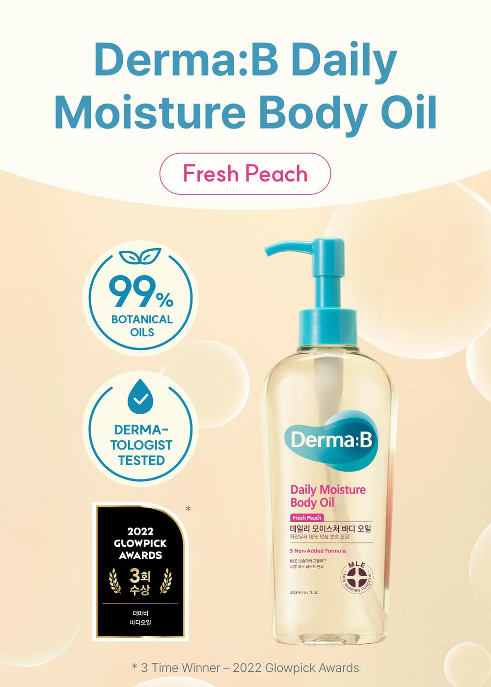 Derma B Aceite Corporal, absorción rápida tras la ducha para hidratación duradera.