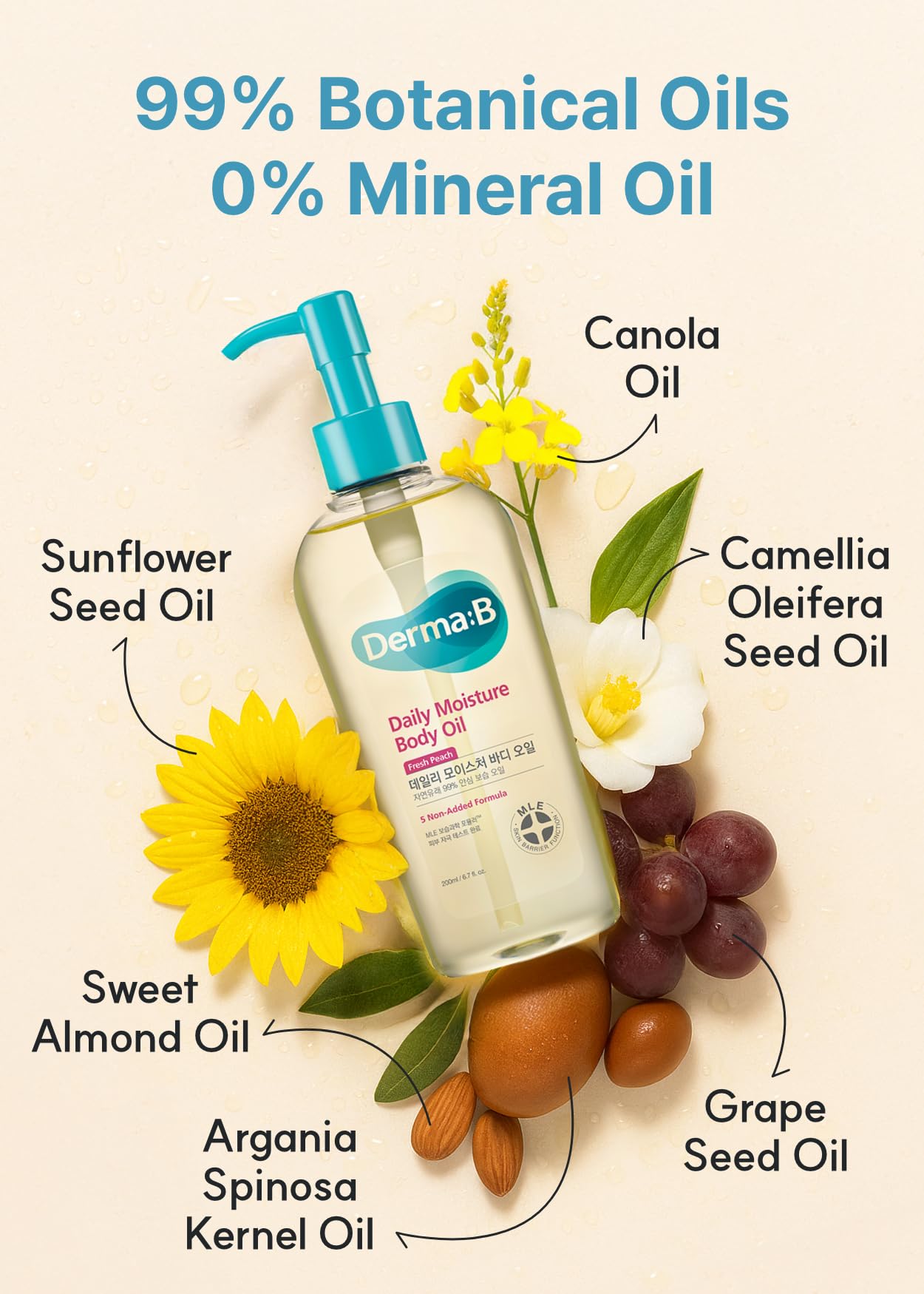 Derma B Aceite Corporal mejora elasticidad con camellia oleifera y vitaminas.