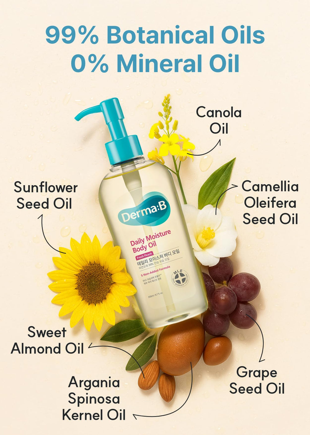 Derma B Aceite Corporal mejora elasticidad con camellia oleifera y vitaminas.