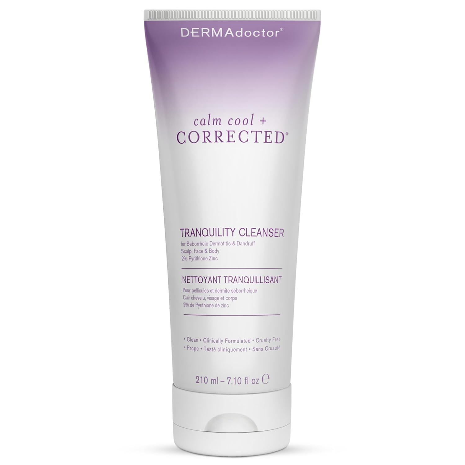 DERMAdoctor shampoo seborréico, frente de la botella, cuidado suave para piel sensible.