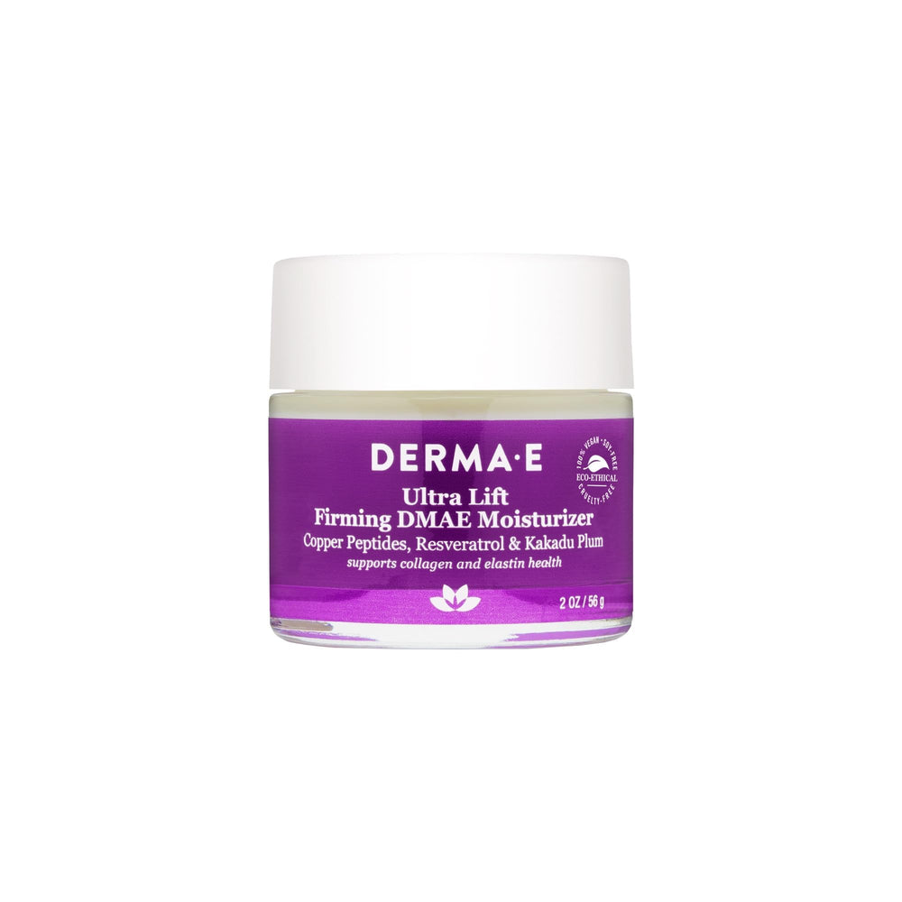 Derma E crema firmante DMAE en frasco, ayuda a hidratar y aportar firmeza a la piel.