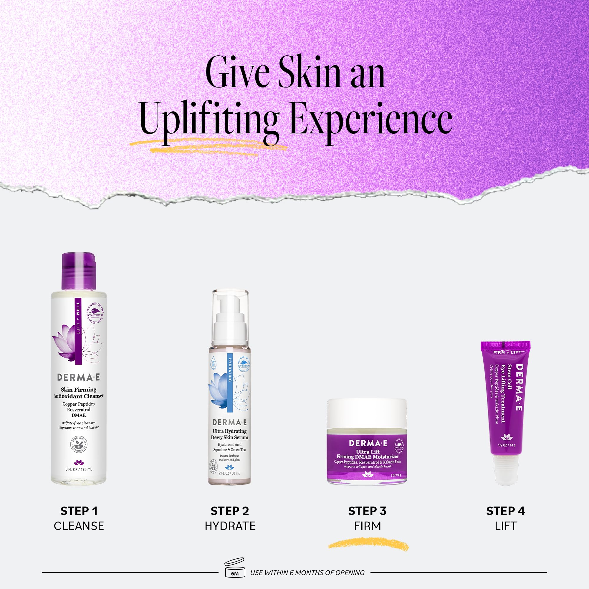 Derma E crema firmante DMAE envase reciclable en fondo limpio.