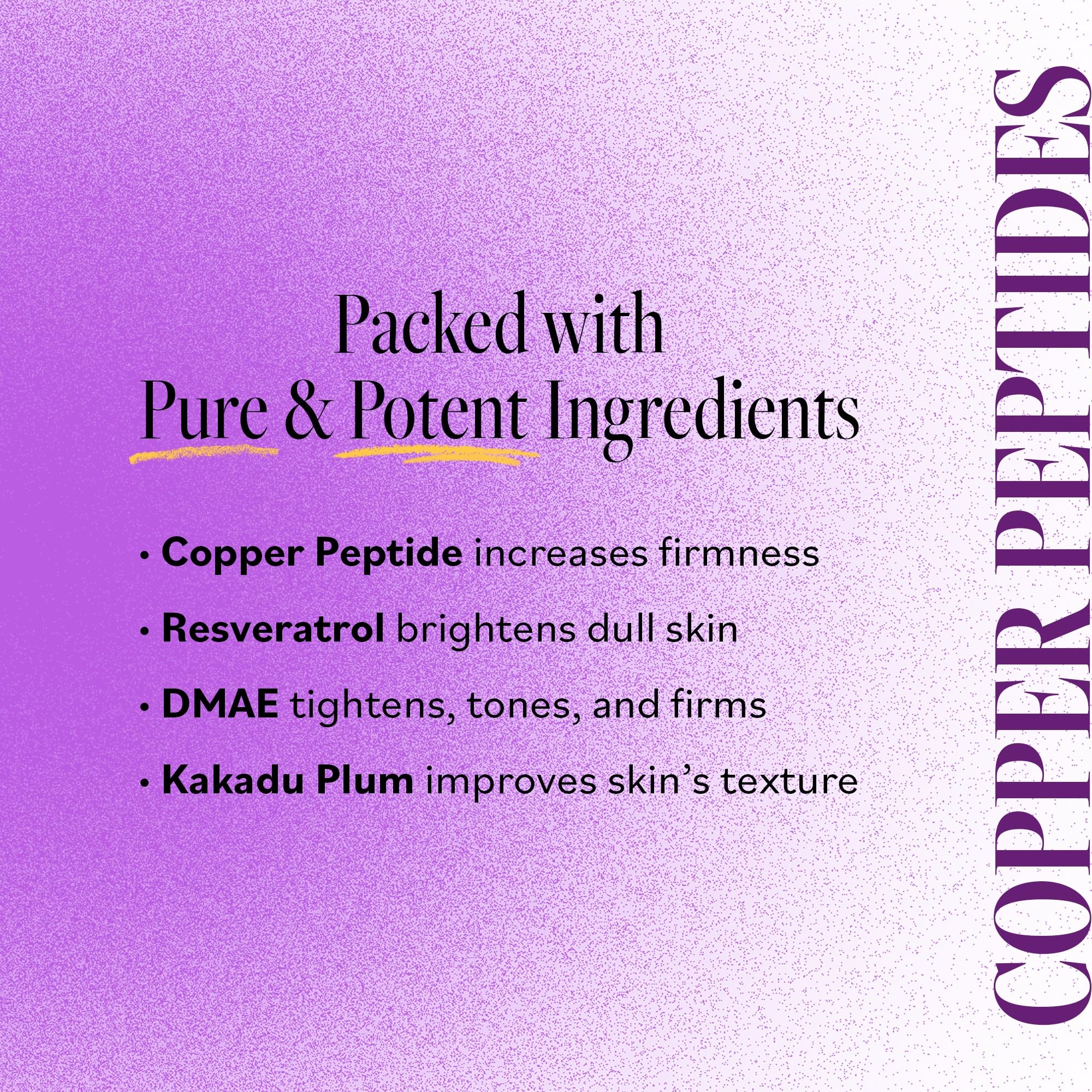 Derma E crema firmante DMAE, enfoque en ingredientes clave cobre y resveratrol que apoyan la piel.