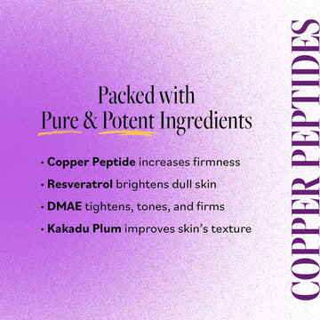 Derma E crema firmante DMAE, enfoque en ingredientes clave cobre y resveratrol que apoyan la piel.
