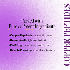 Derma E crema firmante DMAE, enfoque en ingredientes clave cobre y resveratrol que apoyan la piel.