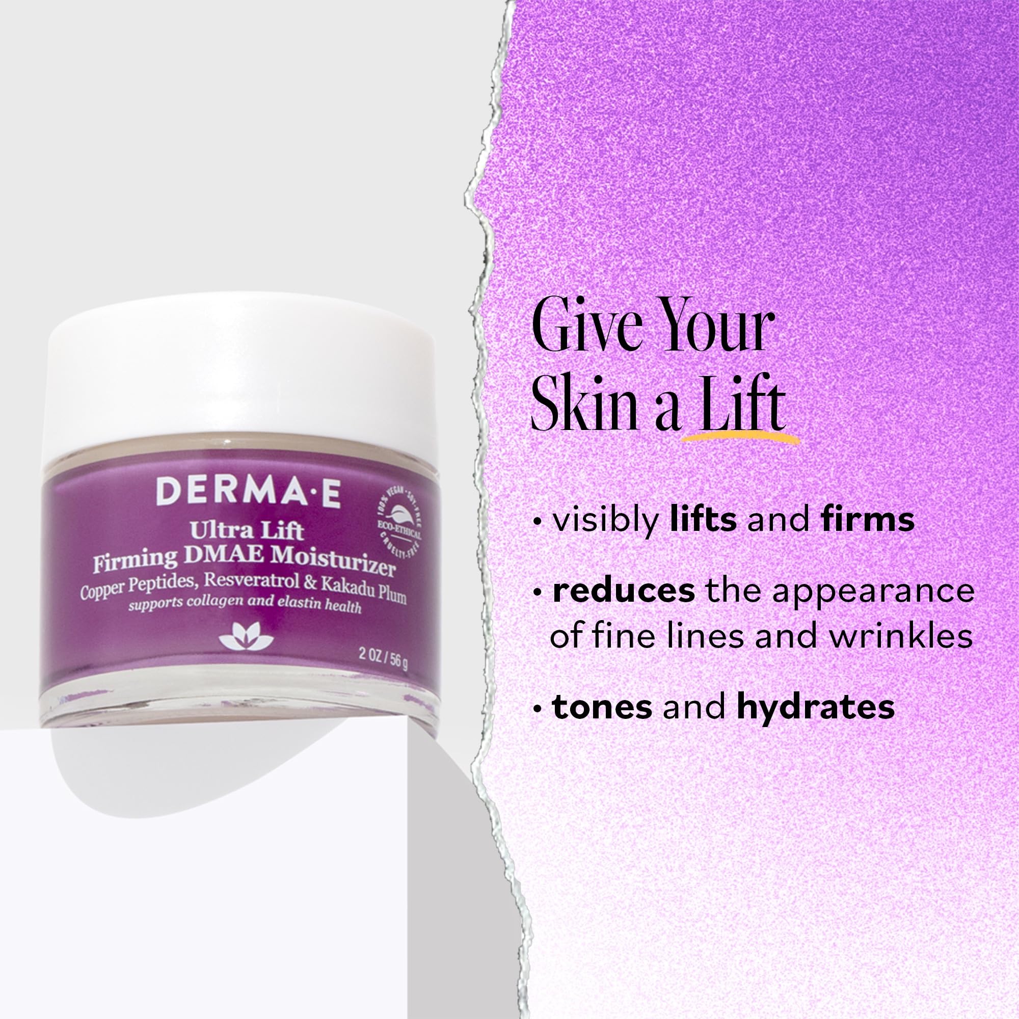 Derma E crema firmante DMAE, textura cremosa para aplicación facial diaria.