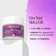 Derma E crema firmante DMAE, textura cremosa para aplicación facial diaria.