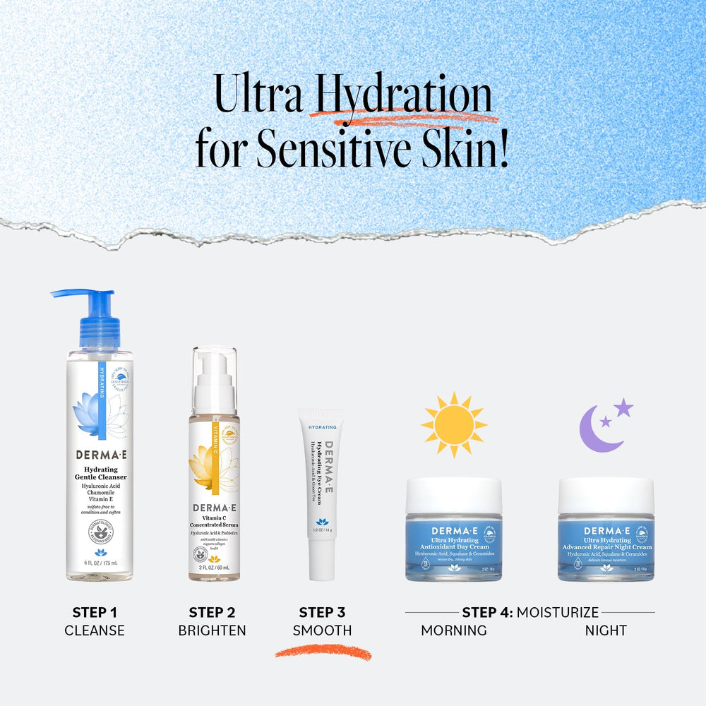 Derma E crema para ojos apta bajo maquillaje y uso diario.