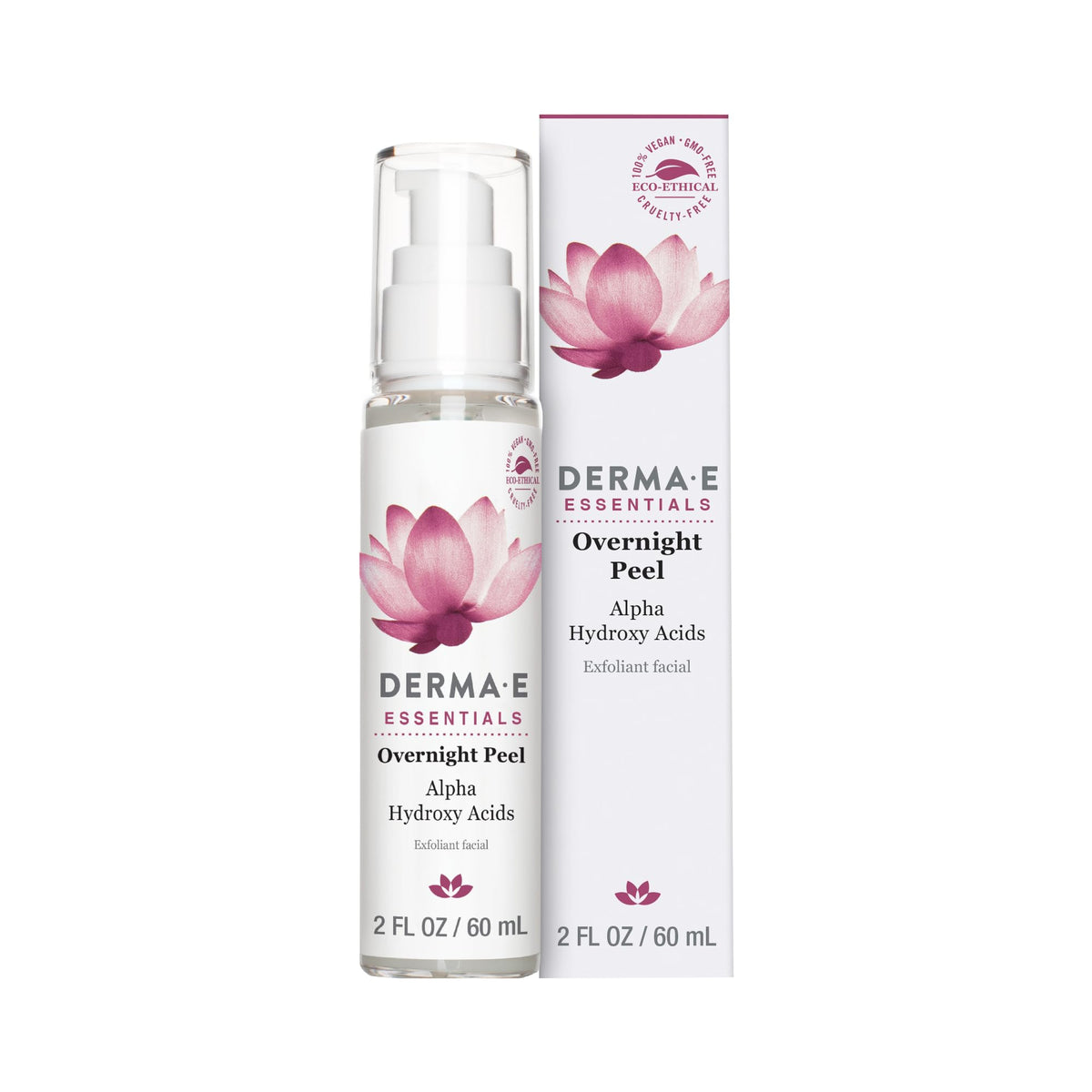 Derma E Essentials Overnight Peel, frasco visible, exfoliación suave para piel radiante
