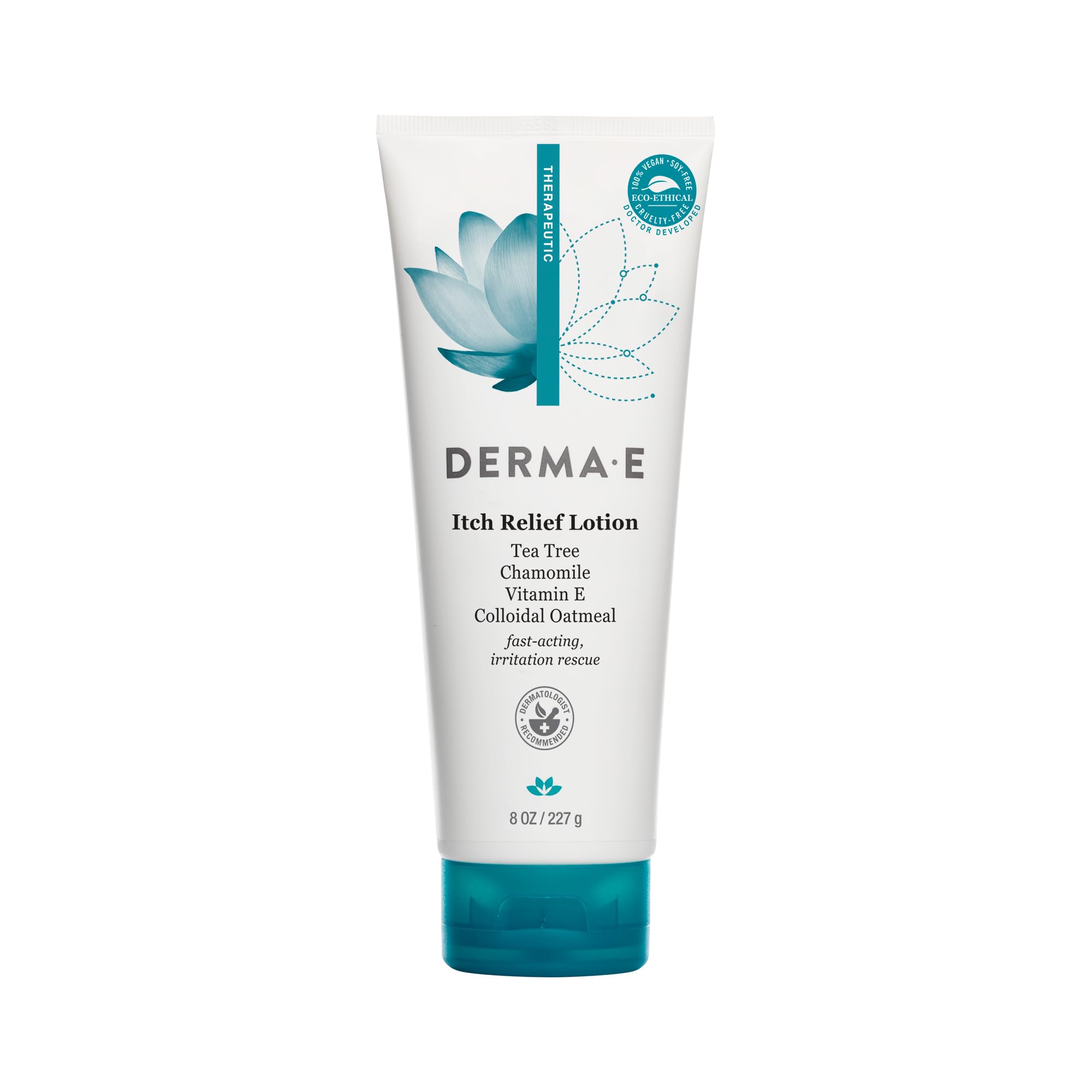 Derma E Loción alivia picor y piel seca con absorción rápida.