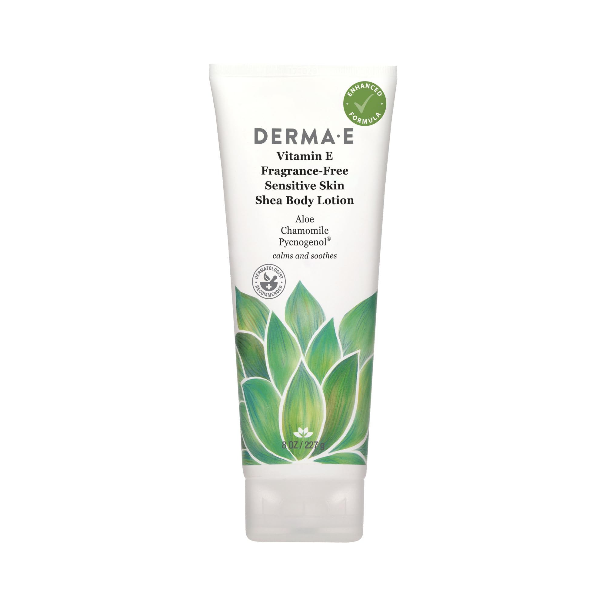 Derma E Vitamina E, botella de loción, hidratación suave para piel sensible.