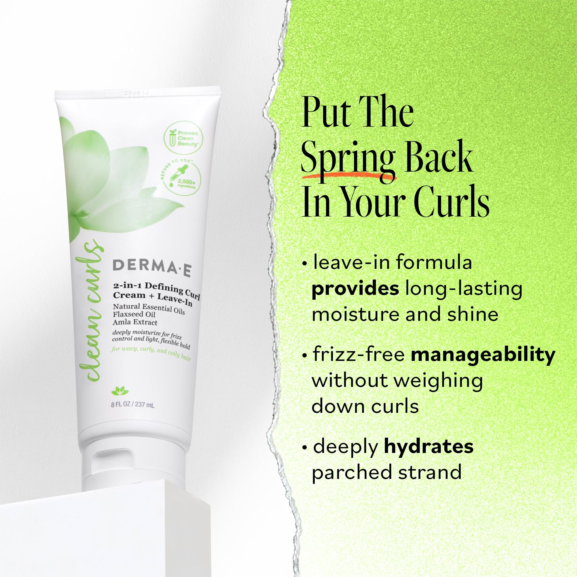 Aplicación suave de DERMA E Ramos 2-en-1 para definir rizos y controlar el encrespamiento.