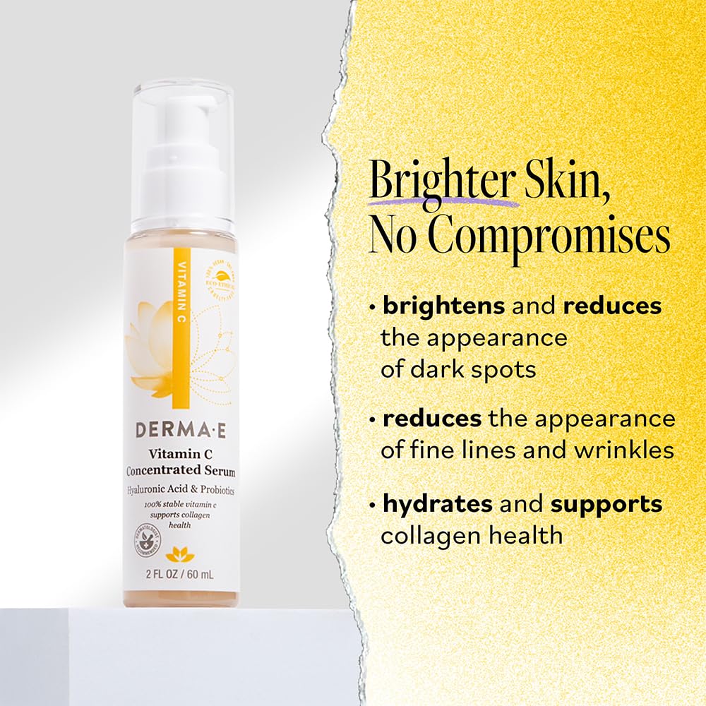 Derma E serum vitamina C, envase con gotero, ayuda a tono uniforme