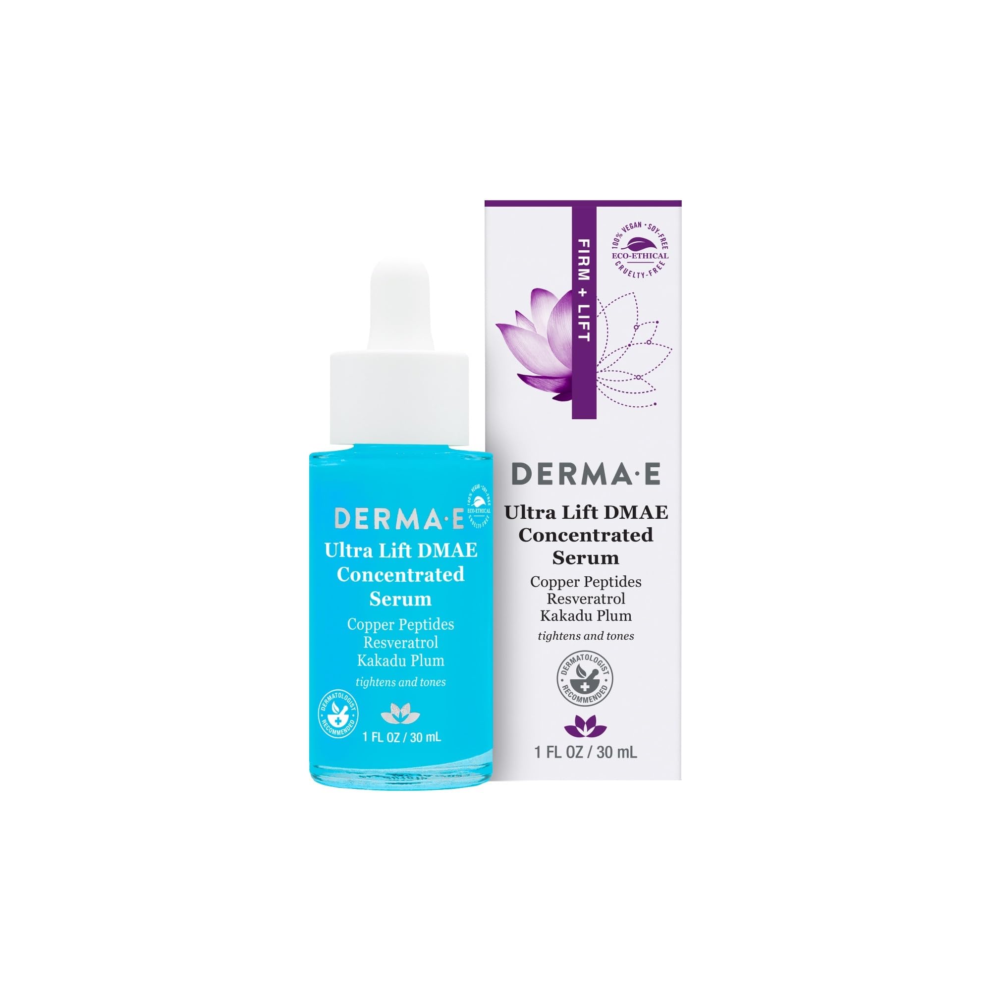 DERMA E Ultra Lift Serum: botella para aplicación suave que favorece firmeza y suavidad.