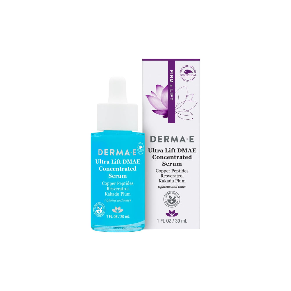 DERMA E Ultra Lift Serum: botella para aplicación suave que favorece firmeza y suavidad.