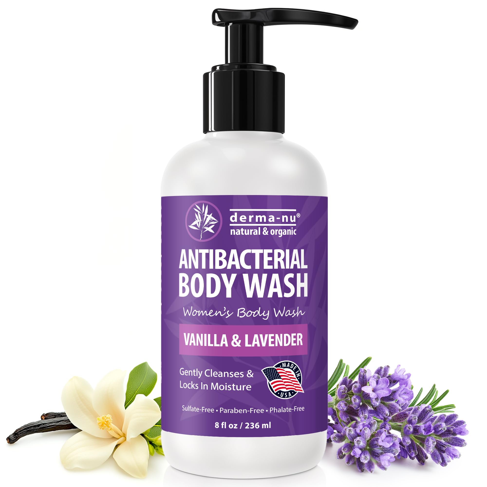 Derma-Nu gel de ducha antibacteriano para mujeres, limpia y refresca la piel.
