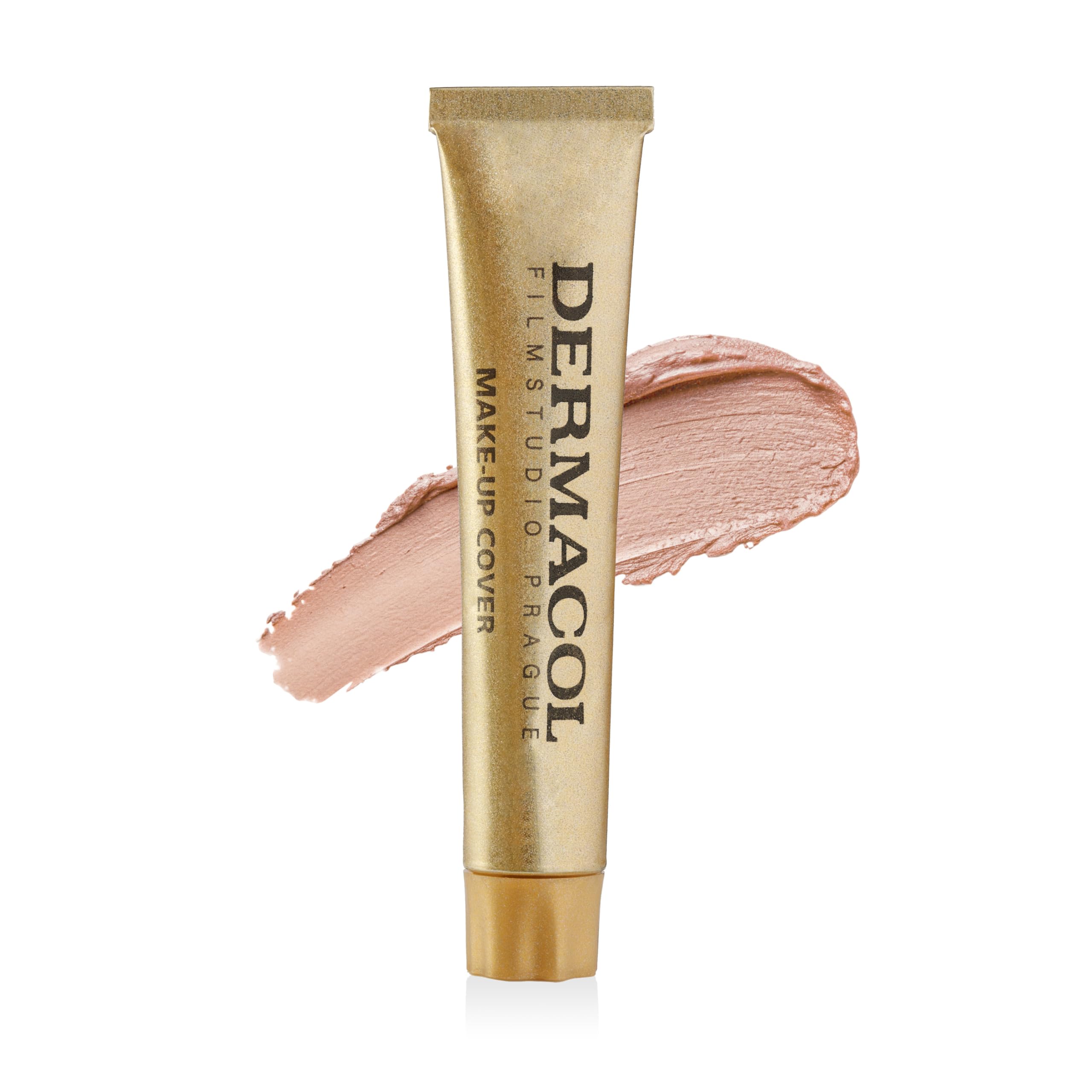 Dermacol liquid foundation pump dispenser enabling precise, mess-free application.