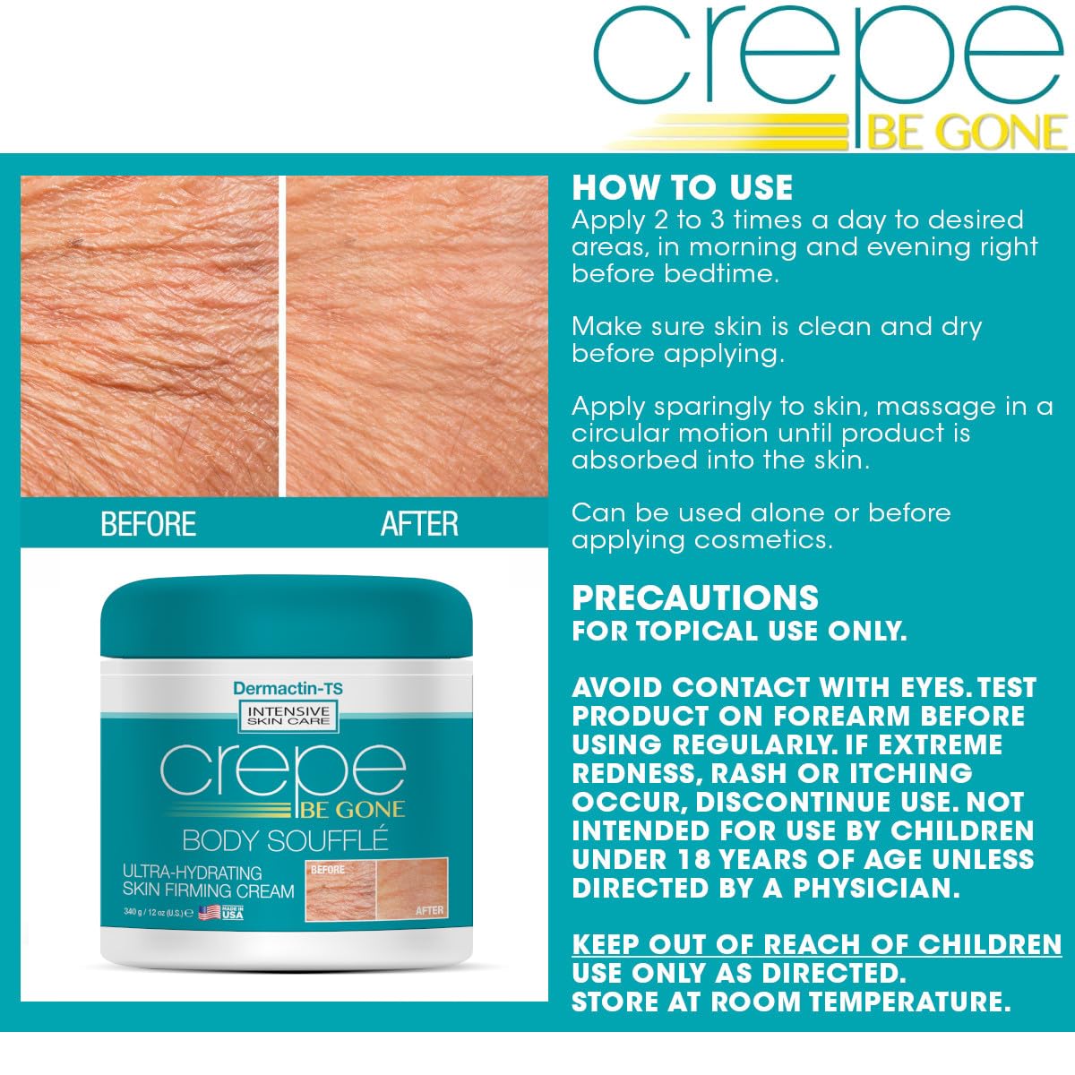 Gros plan sur la jarre Dermactin Crepe Be Gone Body Souffle 12 oz