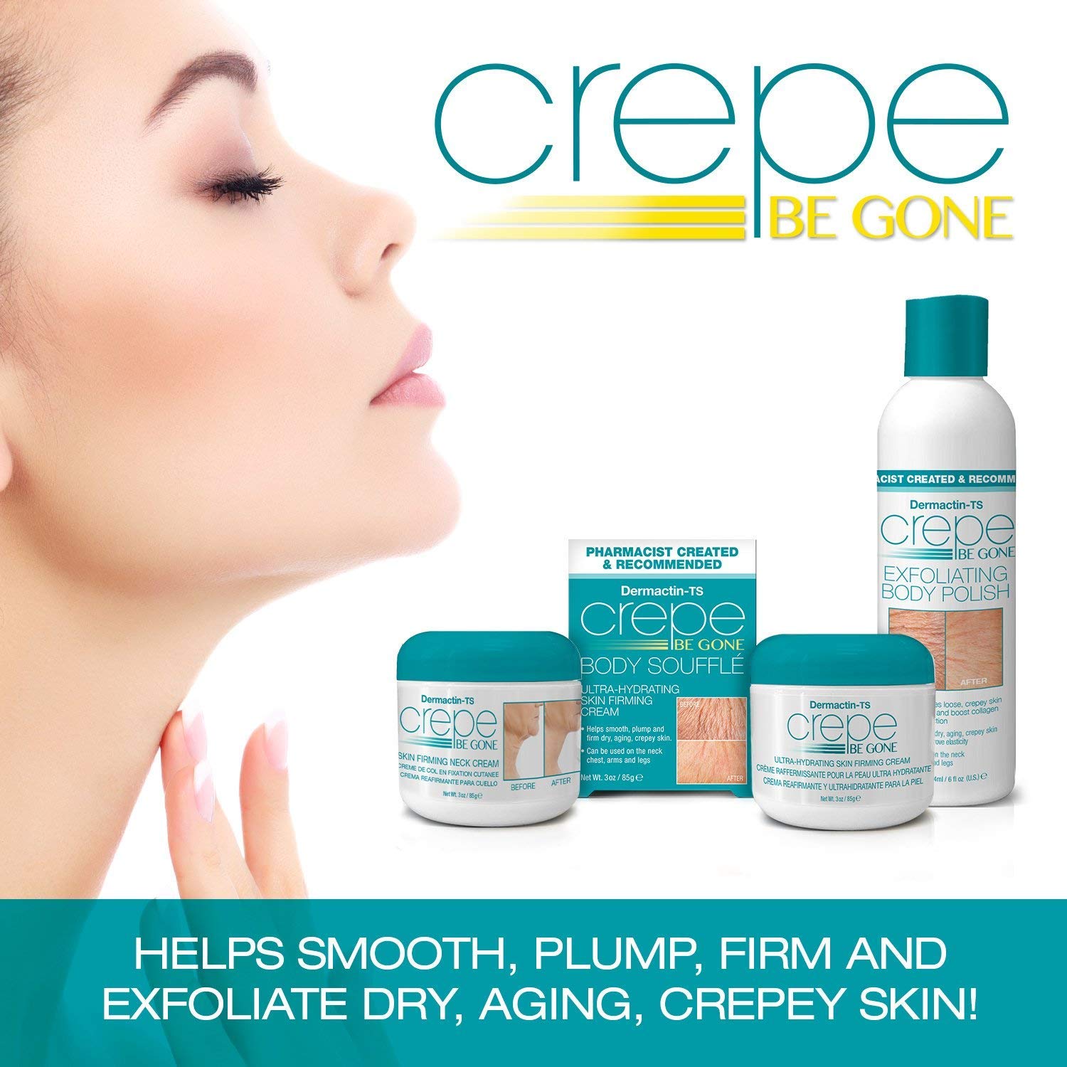 Dermactin Crepe Be Gone bottle on shelf suggests premium daily hydration.