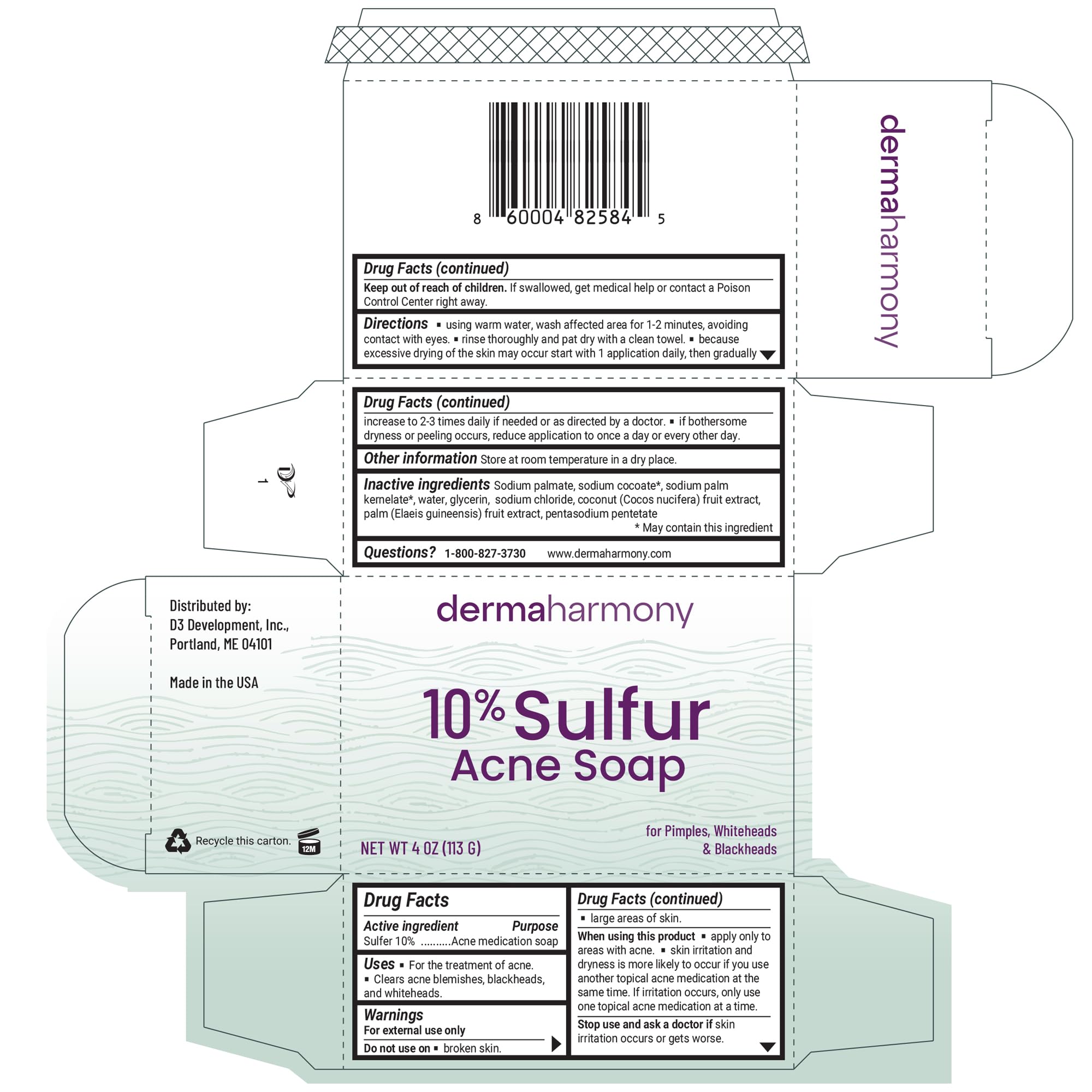 Dermaharmony nuevo empaque de jabón azufre 10% para fácil manejo.