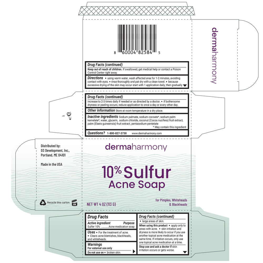 Dermaharmony nuevo empaque de jabón azufre 10% para fácil manejo.
